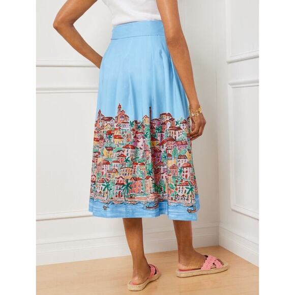 Talbots Women's Blue Poplin Pleated Midi Skirt Scenic Riviera Print Size 6 - Picture 2 of 10
